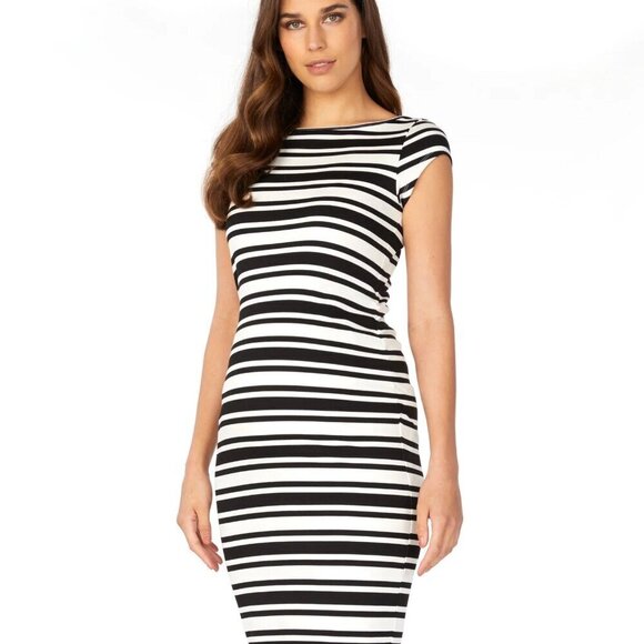 Soon Maternity Leo Cap Sleeve Maternity Dress - Stripes - White Multi/Ponti Stri - Picture 1 of 15